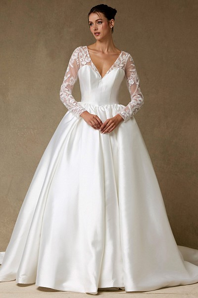Mikado Wedding Gown w/ Sheer Long S...