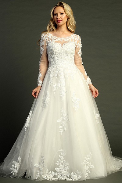 Sheer Long Sleeve Bateau Neckline A...