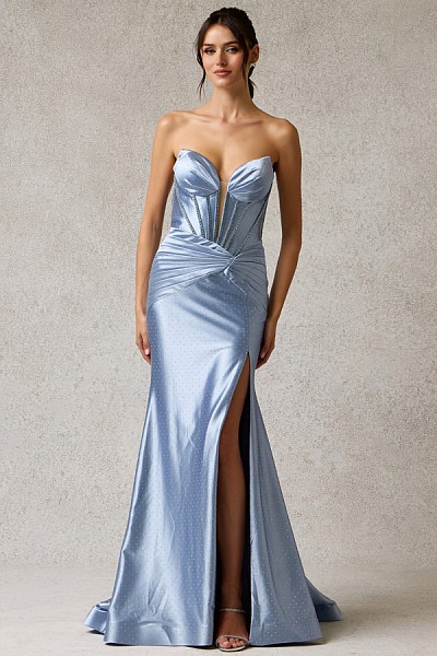 Strapless Plunging V Neckline Satin...