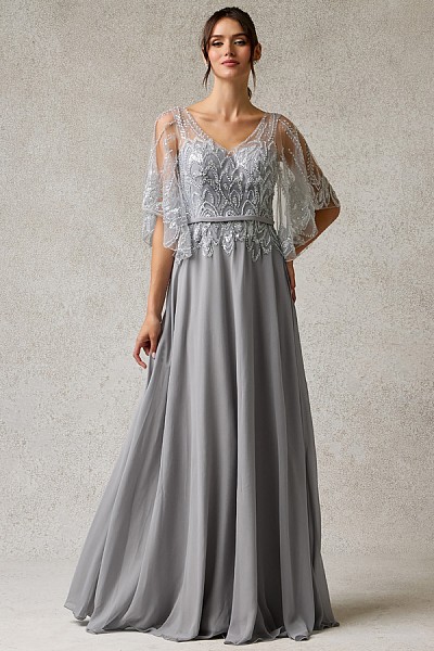 Sheer Cape Sleeve V Neck Chiffon Mo...