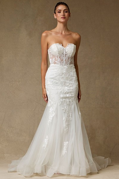 Strapless Lace Bead Work Sheer Bodi...