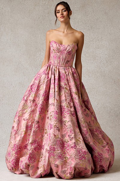 Metallic Floral Jacquard Gown w/ Vo...