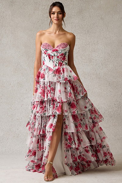 Strapless Floral Tiered Ruffle Gown...