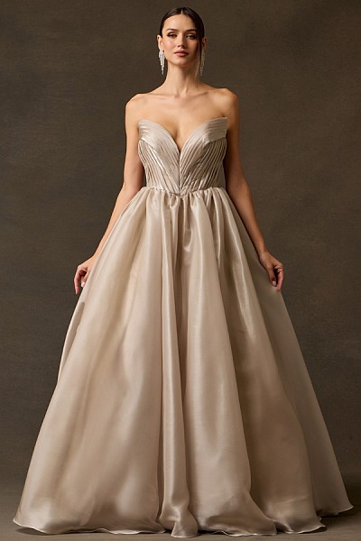 Pleated Charmeuse Gown with Sculpte...