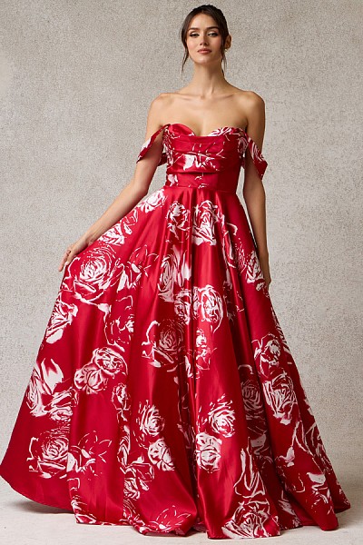 Floral Print Satin Off-The-Shoulder...