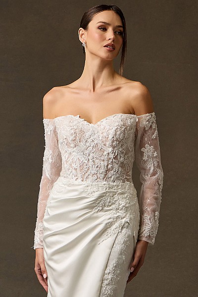 Off-The-Shoulder Lace Draped Satin ...