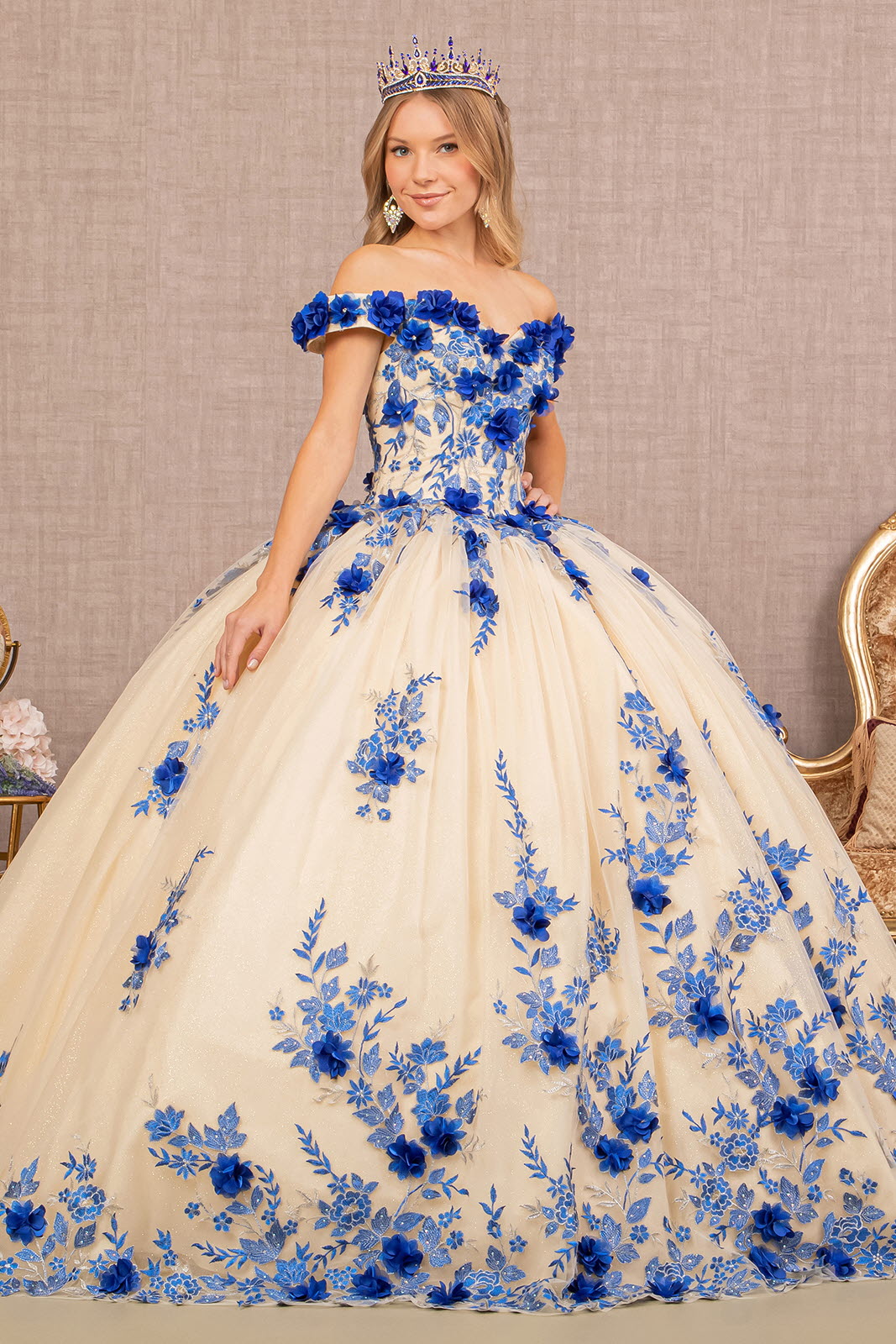 3D Floral Embroidery Off Shoulder Quinceanera Gown