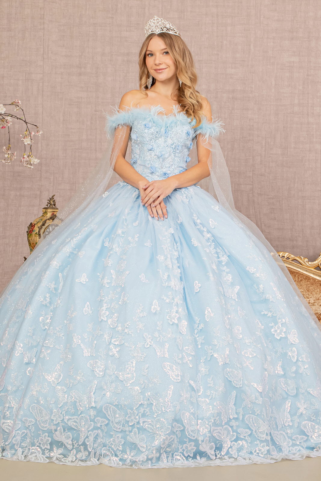 Feather 3D Floral Quinceanera Gown