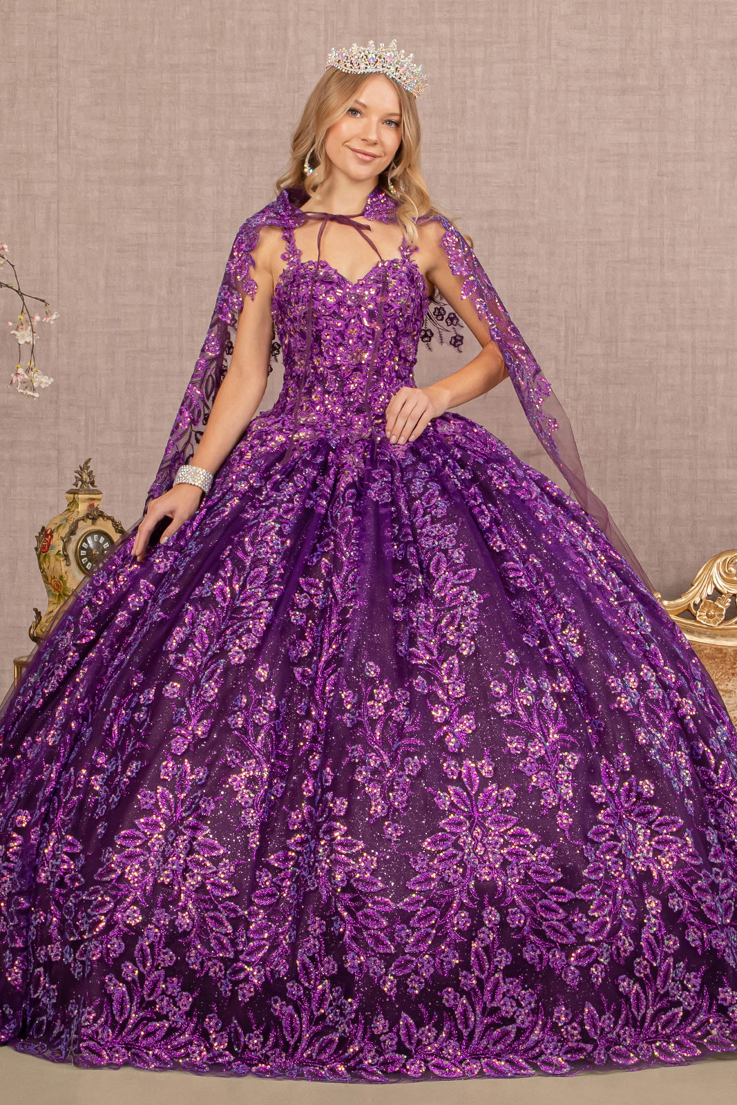 3D Floral Applique Sweetheart Glitter Ball Gown