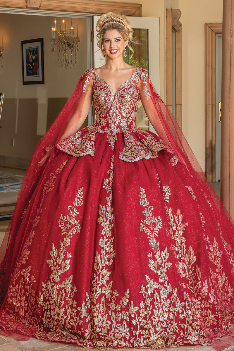 Cape Sleeve Embroidery Quinceanera Dress