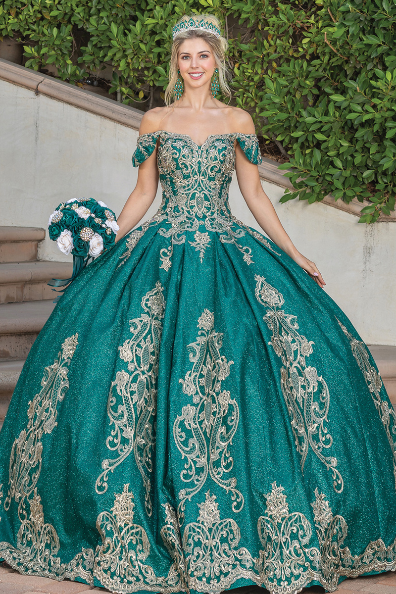 Off Shoulder Golden Embroidery Quinceanera Ball Gown