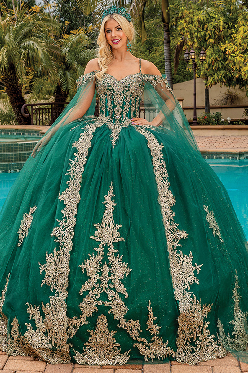 Golden Embroidery Cape Sleeve Quinceanera Ball Gown