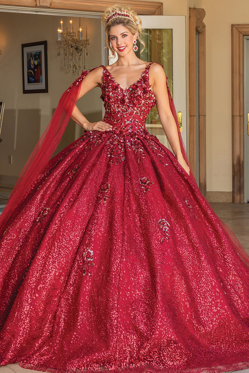 Cape Sleeve Embellished Top Quinceanera Ball Gown