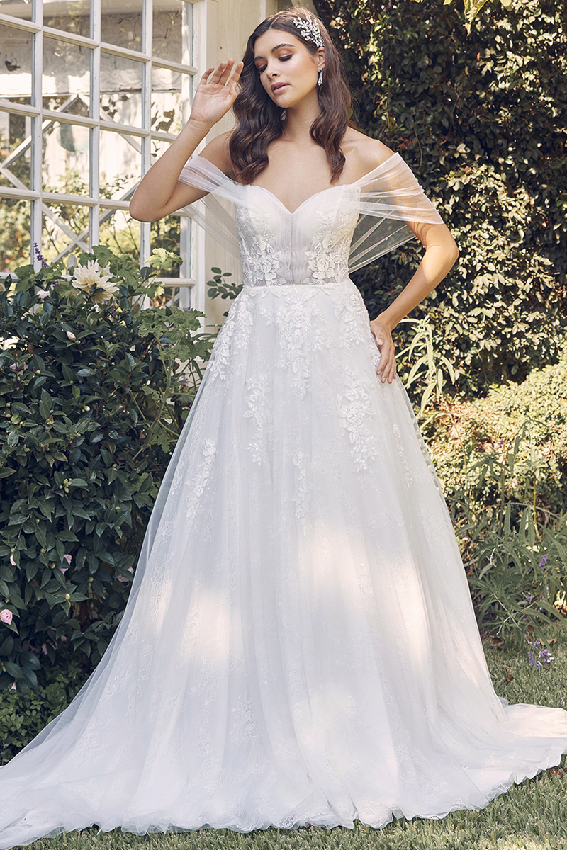 Off Shoulder Tulle Sleeve A Line Wedding Gown