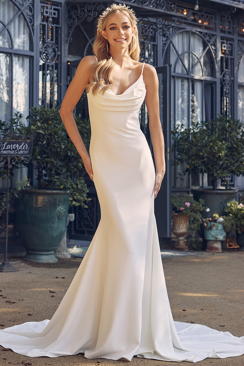 Solid Cowlneck Fit and Flare Wedding Gown