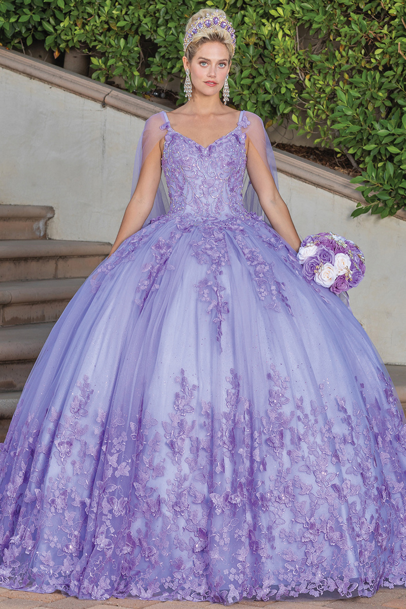 Mesh Cape Butterfly Applique Quinceanera Ball Gown