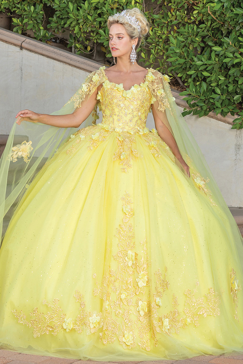 Cape Sleeve Floral Applique Quinceanera Ball Gown