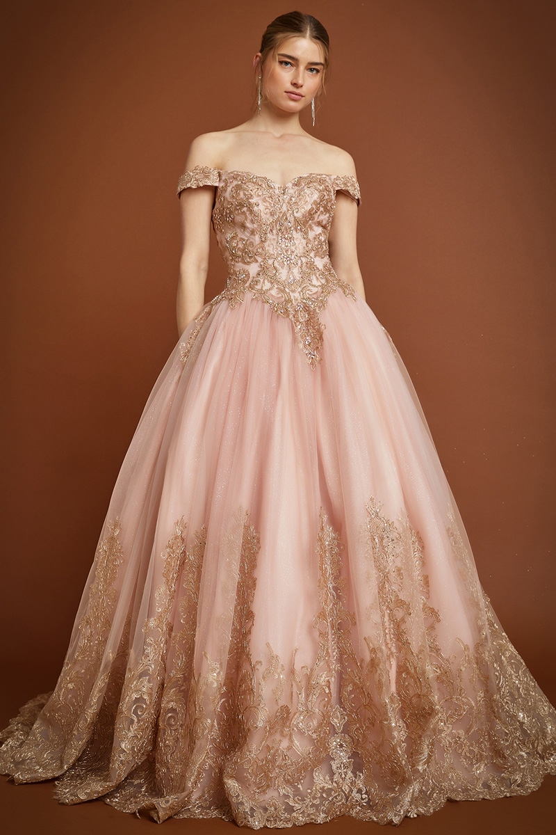 Off Shoulder Golden Embroidery Ball Gown