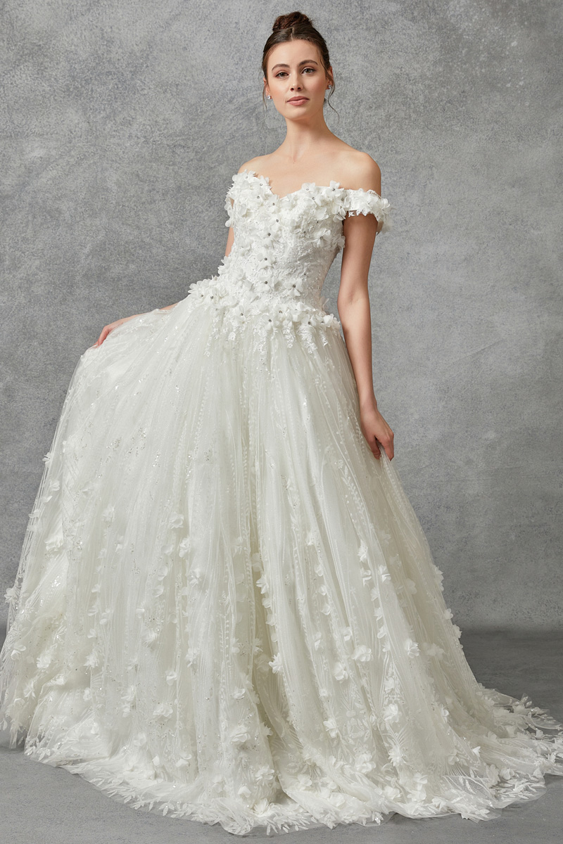 Off Shoulder 3D Floral Applique Wedding Dress