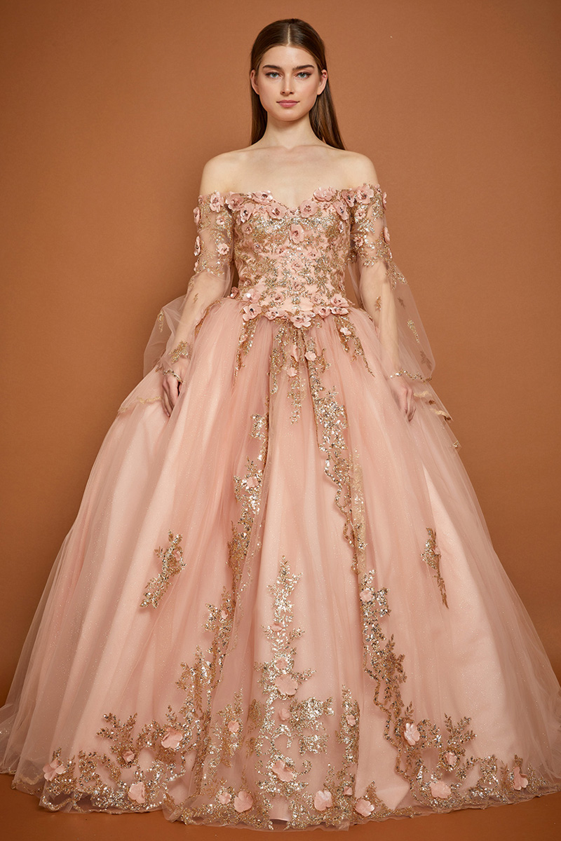 Off Shoulder Long Sleeve Semi Quince Ball Gown