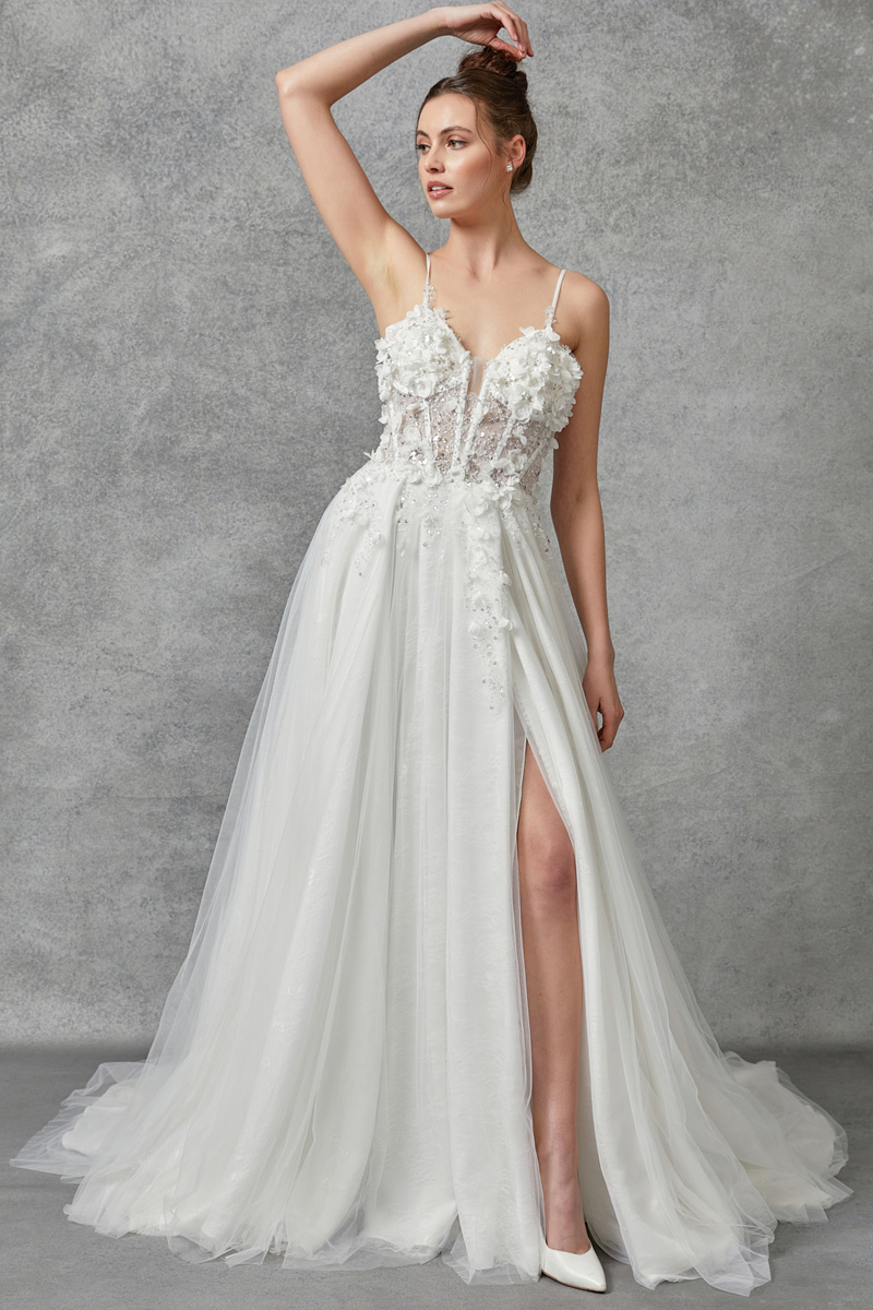 Spaghetti Straps 3D Floral Applique Wedding Gown