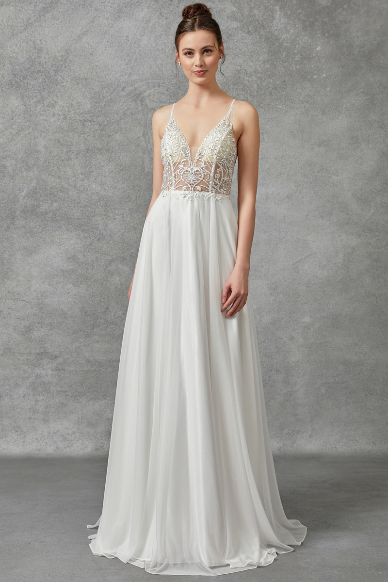 Sleeveless Illusion Top A Line Wedding Gown