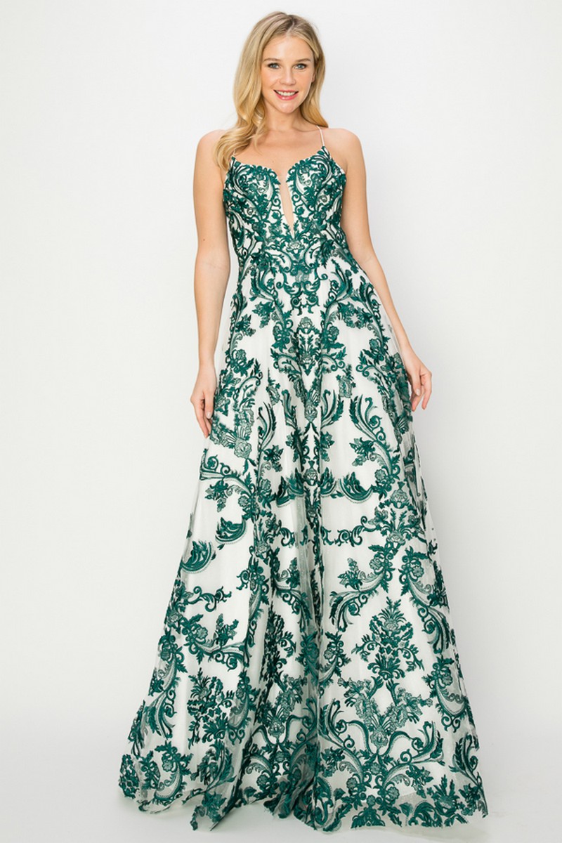 Emerald Embroidery A Line Dress