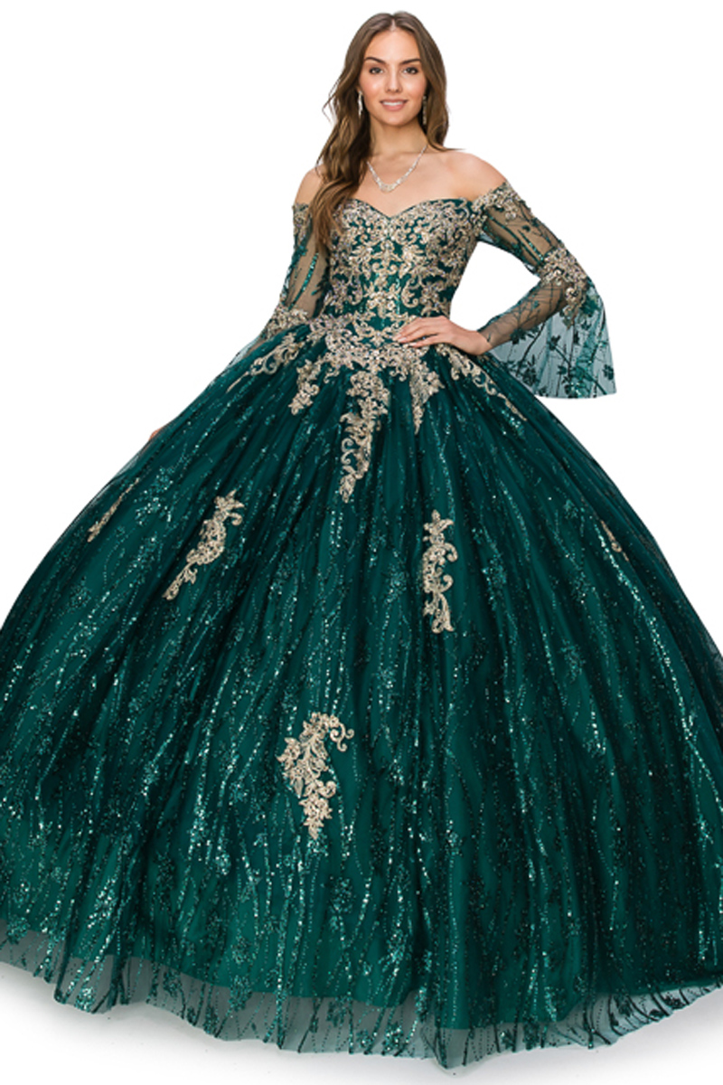 Long Sleeve Embroidered Glitter Print Ball Gown