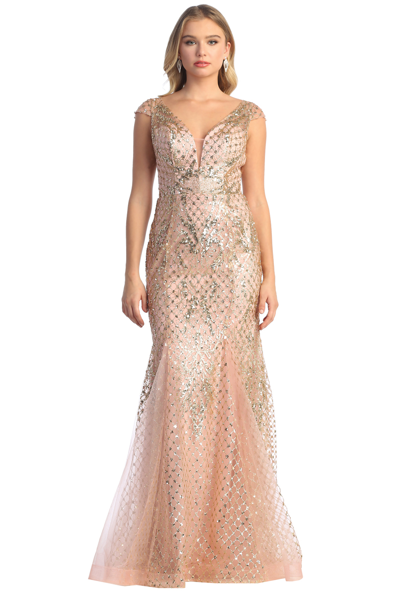 Plunging Neck Line Glitter Mermaid Dress