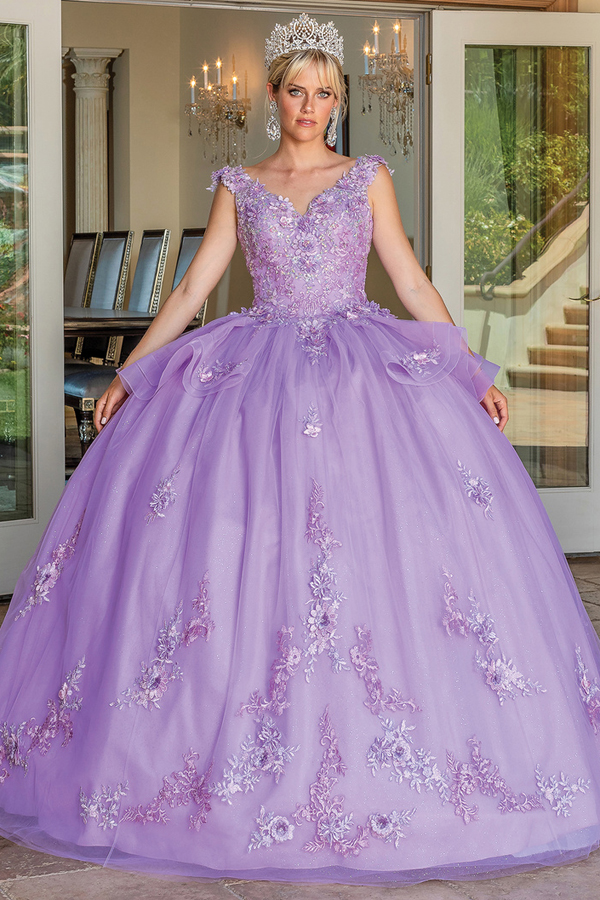 V Neck 3D Floral App Quince Ball Gown