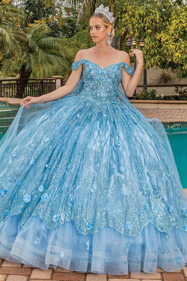 Off Shoulder Glitter Print Quince Ball Gown