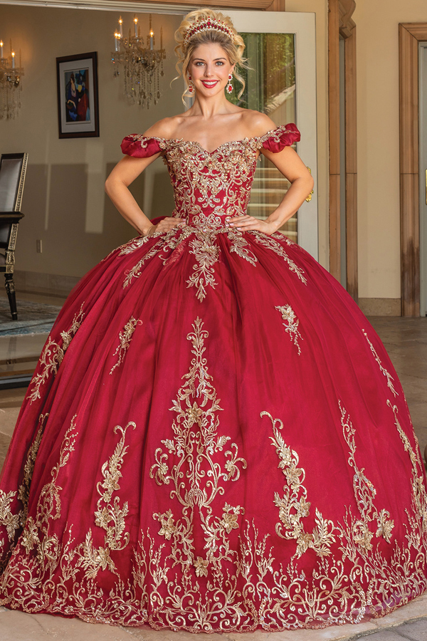 Off Shoulder Embroidered Quince Ball Gown