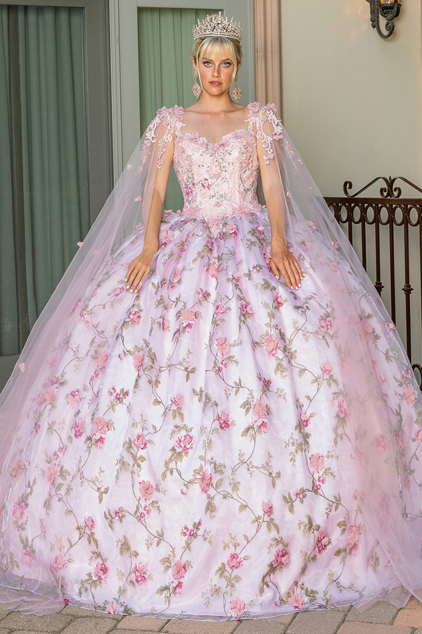 Floral Embroidery Cape Sleeve Quince Ball Gown