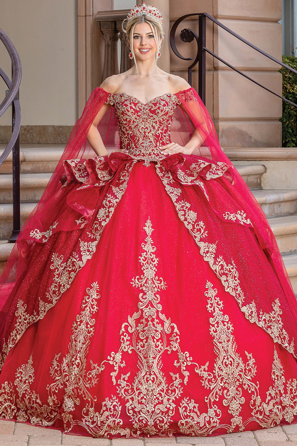 Off Shoulder Layered Skirt Quince Ball Gown