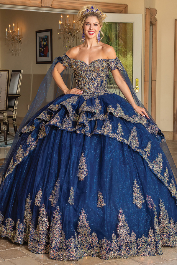 Embroidery Cape Sleeve Quince Ball Gown