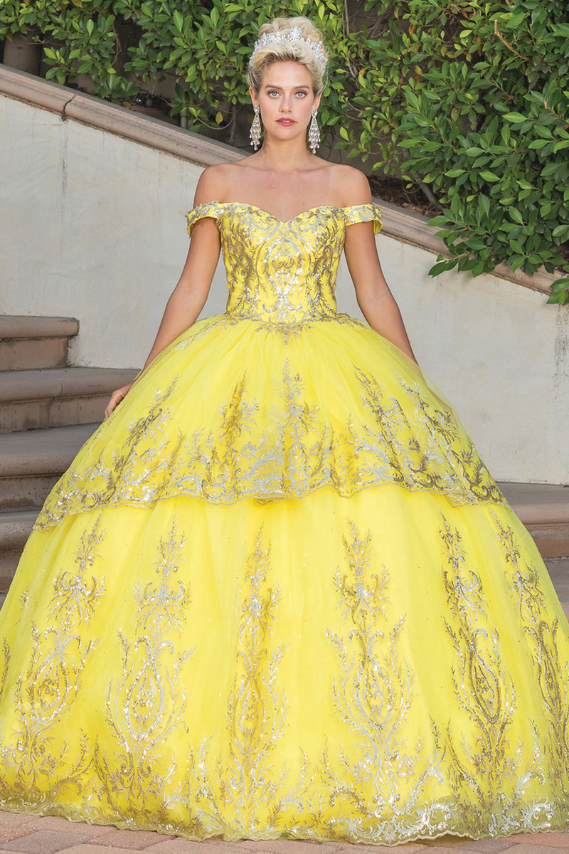 Yellow Off Shoulder Embroidery Ball Gown