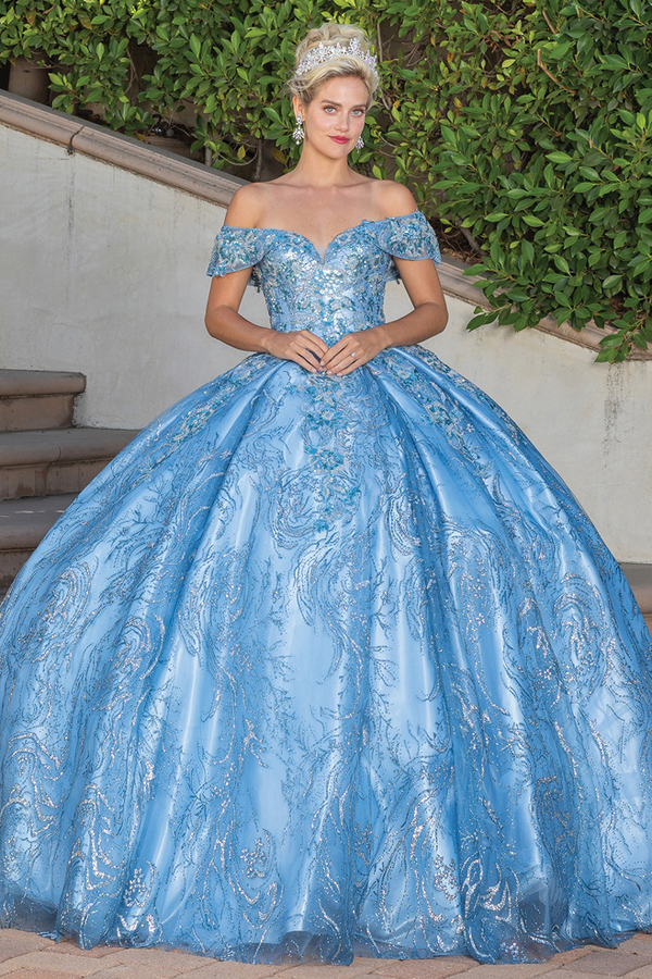 Off Shoulder Embro Glitter Quince Ball Gown