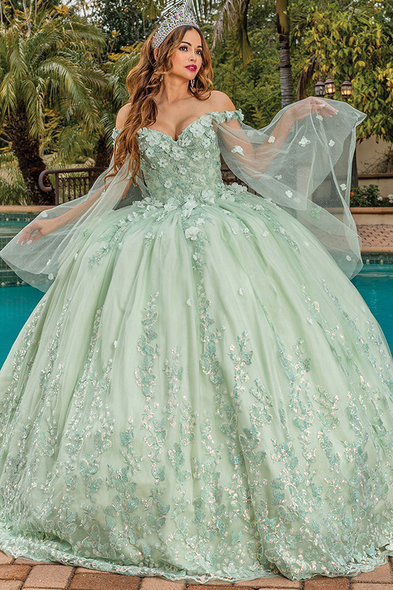 Off Shoulder Cape Sleeve Quince Ball Gown