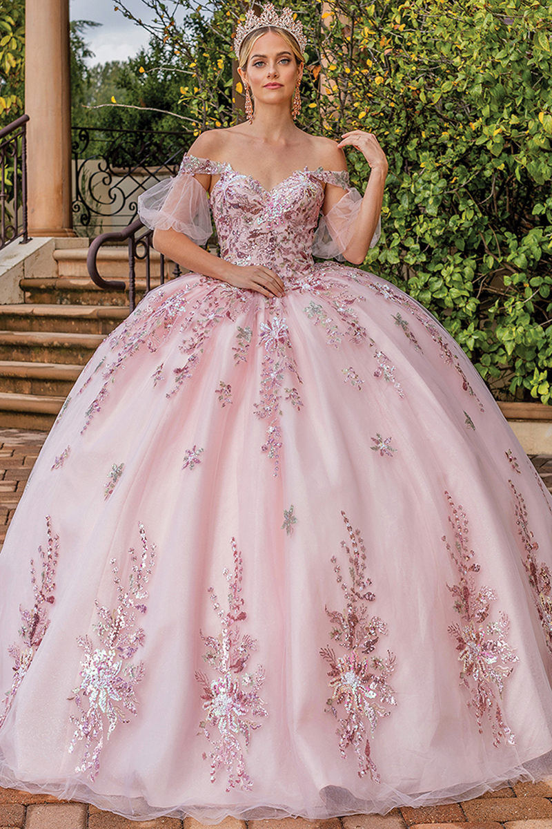 Off Shoulder Sequin/Glitter Quince Ball Gown