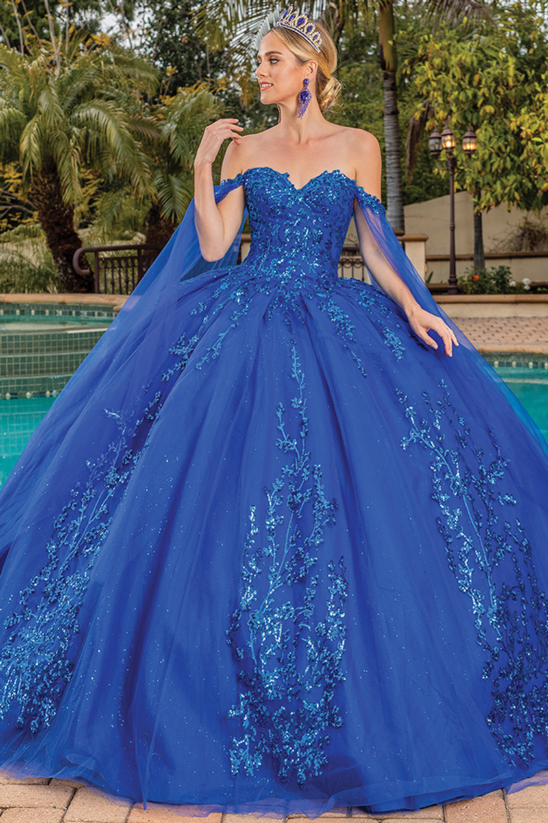 Sweetheart Cape Sleeve Sequin Quince Ball Gown
