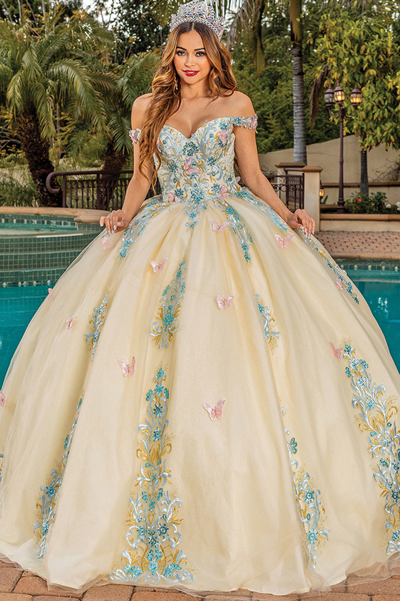 Off Shoulder Embroidered Quince Ball Gown