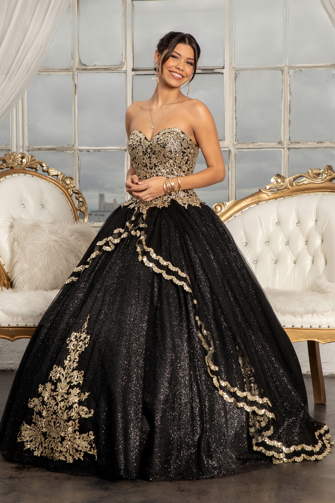 Glitter Embellished Mesh Quinceanera Ball Gown