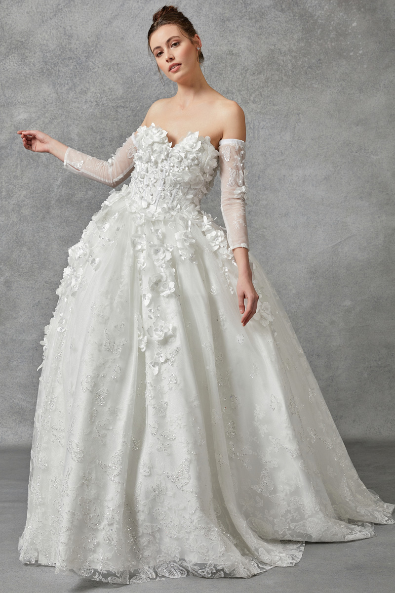 Long Puff Sleeve A Line Bridal Gown