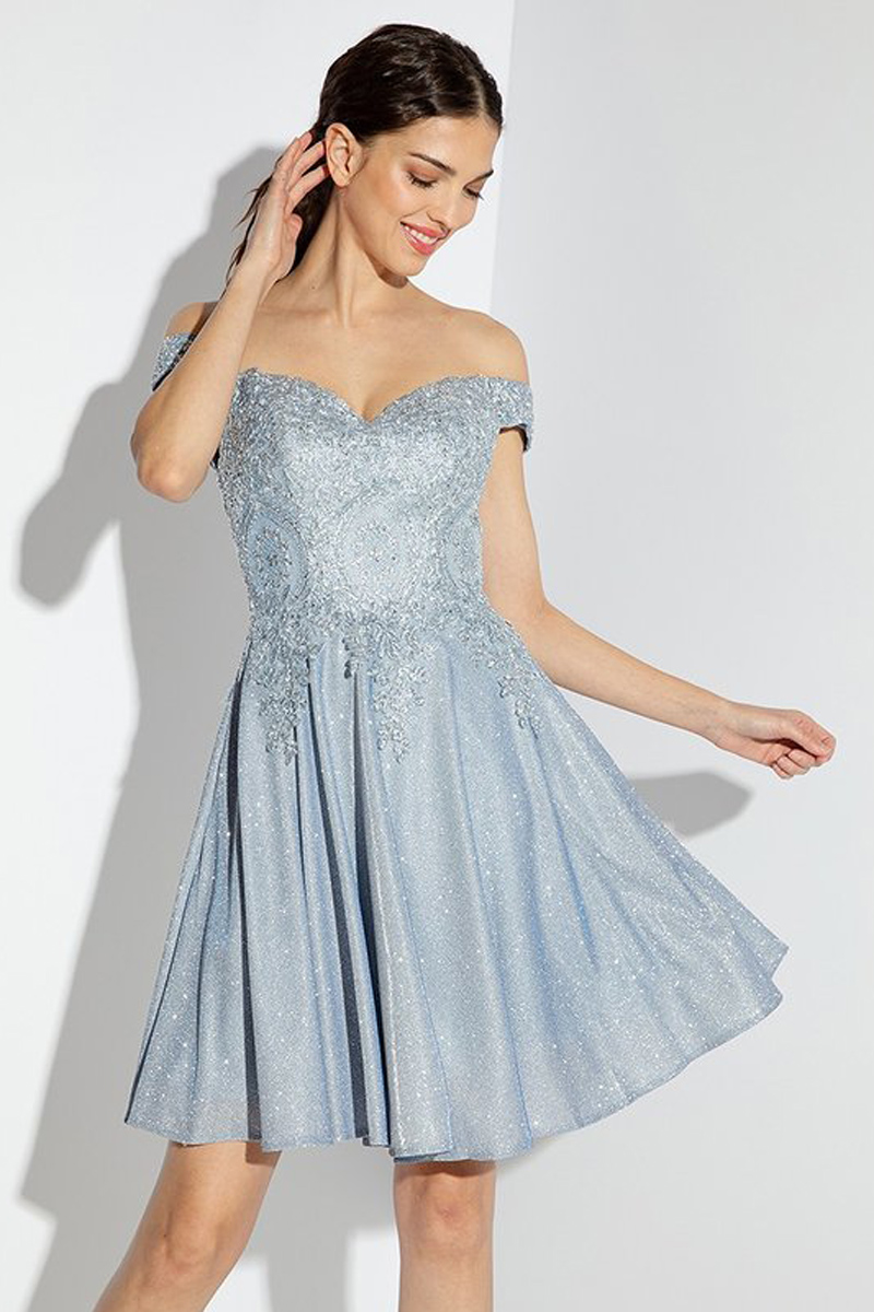 Off-Shoulder Lace Applique Jeweled A-Line Dress