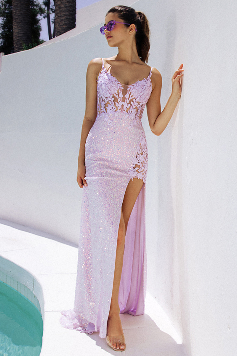 Sequin Gown With Embroidered Bodice And Slit
