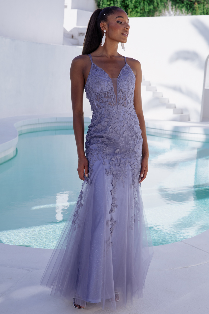 V-Neck Glitter Mesh Gown With Lace Embroidery