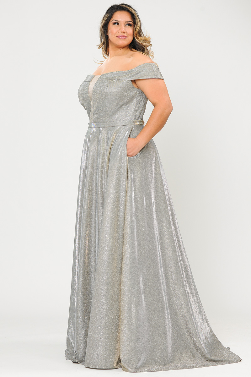 Off-Shoulder Illusion V-Neck Iridescent Glitter Dress