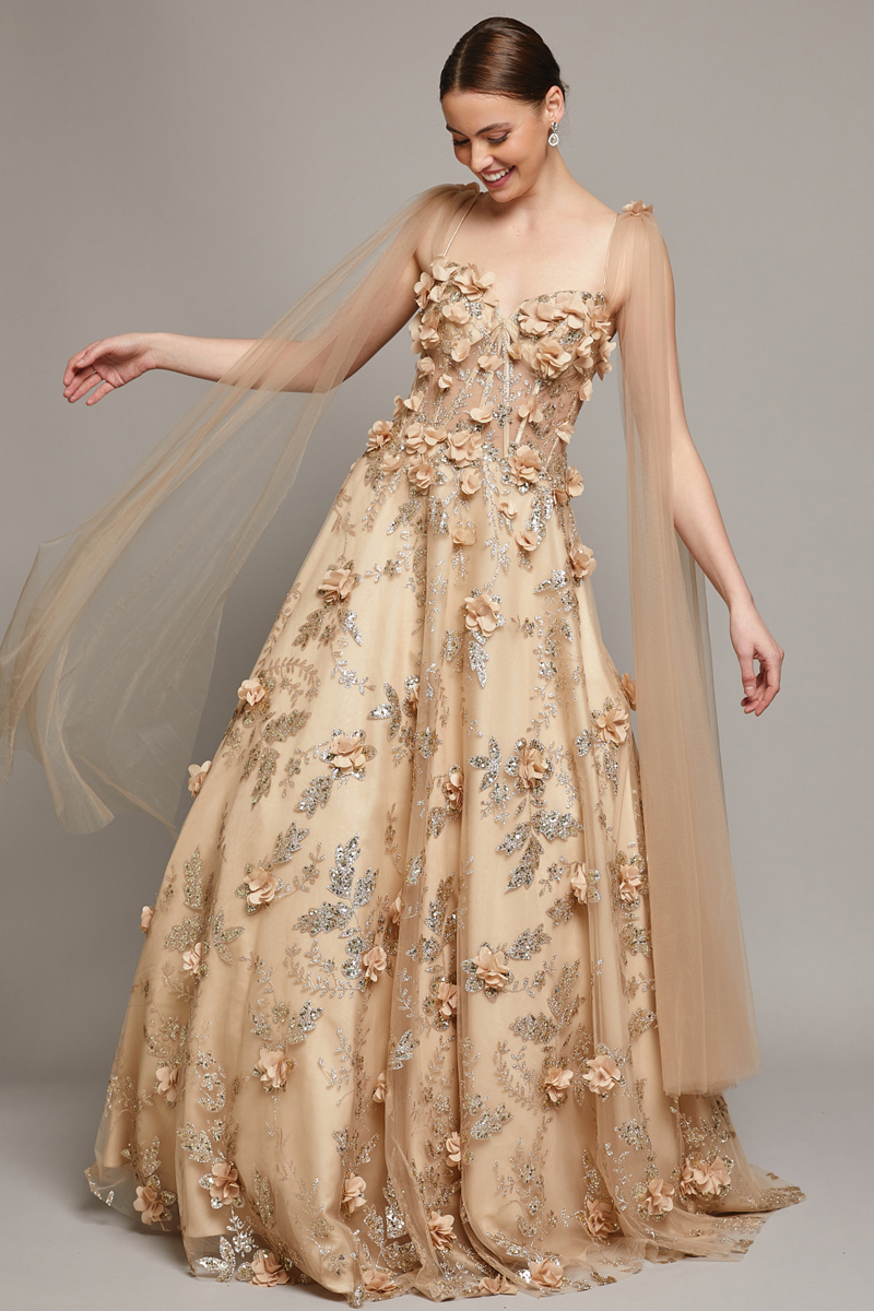 Off-Shoulder Capelet Glitter Embroidered Dress