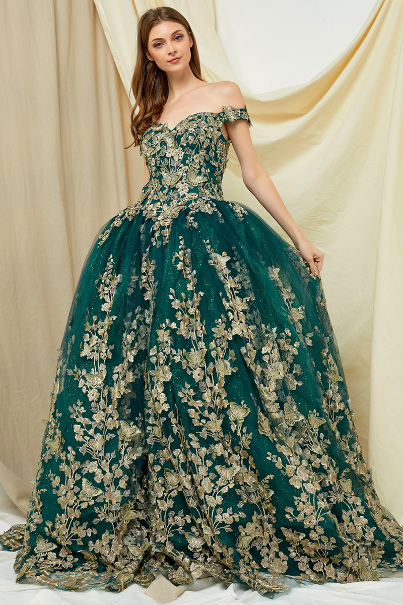 Off-Shoulder Glitter Embroidered Tulle Dress