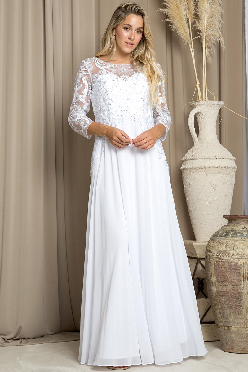 Three Quarter Sleeve Lace Top A Line Wedding Gown